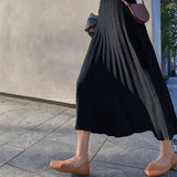 Kukombo Long Knit Skirt Women Autumn Winter Thick High Waist A-Line Pleated Skirts Black Ladies Wide-Swing Midi Skirt jupe plissee femme