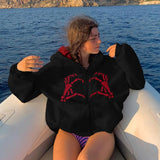 Kukombo Finger Skeleton Print Zip Up Hoodie Women Casual White Oversized Sweatshirts Hooded Outerwear Autumn Loose Jackets