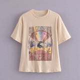 Kukombo Spring Summer Baggy Tee Fashion Ribbed Collar For Texture Screen Printed Oversized Fit Cotton Tshirt For Women