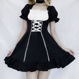 Kukombo Women's Maid Dress Kawaii Lolita Outfit French Milkmaid Costume Cosplay Bandage Sexy Waitress Dress Puff Sleeve Uniform
