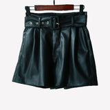 Christmas Gift Msfancy Black Leather Shorts Women High Waist Wide Pantalones Cortos de Mujer 2021 Sexy Booty Shorts With Belt MP001
