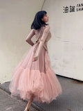 Kukombo Vintage Pink Pleated Long Tulle Skirt Tutu Femme High Waisted Runway Soft Mesh Skirts Korean Women 2021 Spring New Jupe harajuku