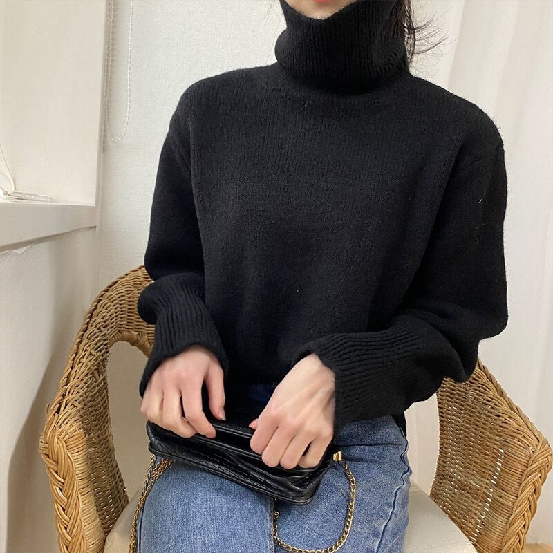 Christmas Gift Women Casual Turtleneck Solid Sweater Jumpers Autumn Winter Long Sleeve Slim Femme Stretched Knitted Pullovers Fashion Tops