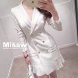 Kukombo Elegant Ruffle Double Breasted Women Dress Office Blazer White Dress Autumn Winter Slim Suit Ladies Dresses