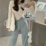 Kukombo Casual Pants Women Wide Leg Patchwork Lace Up 4XL Chic Elegant Fashion All-Match Elastic Waist New Pleated Ulzzang Leisure Loose