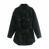 Christmas Gift Women Chic Wool Coats With Belt 2021 Solid Long Sleeve Pockets Shirt Jackets Outerwear Turn Down Collar Elegant Coat