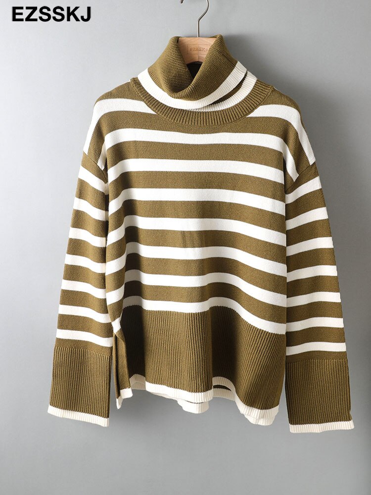 Christmas Gift 2021 striped oversize Turtleneck Sweater for Women female Knitted casual split side Long Sleeve loose sweater