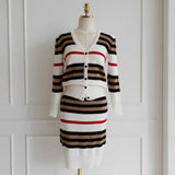 Graduation Gift Big Sale  New Autumn 2 Piece Suit Ladies Winter Knitting Striped Korea Long Sleeve V Neck Tops and Mini Skirt Sexy Set for Women Clothing