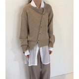 Kukombo Khaki Cardigan for Women Sweater Irregular Knitted Oblique Single Breasted 2024 Spring Clothes Grey Casual Fashion New