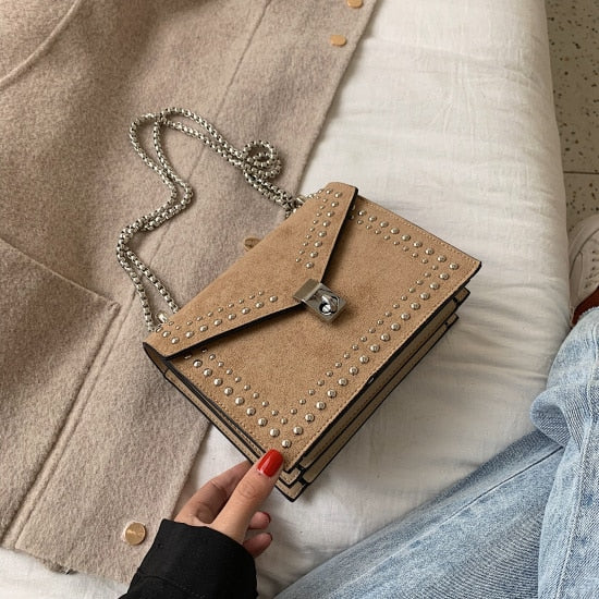 Back To College 2023 Scrub Leather Brand Designer Shoulder Simple Bags For Women Chain Rivet Luxury Crossbody Bag Female Fashion Small Handbags