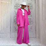 Kukombo Casual Loose Pink Two Piece Pants Set Women Fashion Long Sleeve Blouses Matching Wide Trousers Suit Lace-Up Pant Sets