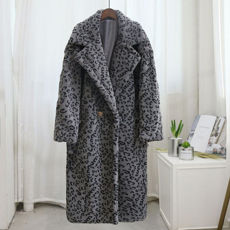 Christmas Gift Luxury Fashion Leopard Long Teddy Bear Jackets Coats Women 2021 Winter Thick Warm Outerwear Brand Fashion Faux Fur Coat Female