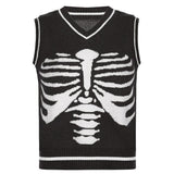Kukombo Autumn V-Neck Sweater Vest Sternum Skull Printed Knitted Vest Skeleton Loose Casual Sleeveless Top Preppy Style Tops Women