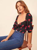 Kukombo Women Vintage Slim Elastic Tops France Floral Print Black Female Blouse Elegant Blusas Mujer De Moda Cuff Ties Chic