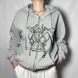 Thanksgiving Gift Dourbesty Women's Sweatshirts Portrait Print Long Hoodies With Zipper Pockets For Spring Fall Coat  Y2K E-Girl Gothic Streetwear