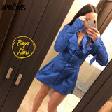 Christmas Gift Aproms Elegant Blue Cotton Shirt Dress Women Spring 2021 High Fashion Solid Color Flared Sleeve Bodycon Mini Dresses OL Vestidos