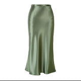 Kukombo Satin High Waist Skirts Women New Soft Smooth Silk Office Lady Basic Midi Skirt Chic Elegant Glossy Long Skirt