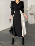 Kukombo Women Elegant Patchwork A-Line Midi Black White Dress OL Pleated Long Sleeve Spring Autumn Vestidos Female Fashion Clothes