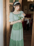 Kukombo Mori Girl Green Gentle Fairy Summer Chiffon Dresses Puff Sleeve Square Neck Elegant French Retro Floral Dress Vestidos De Fiesta
