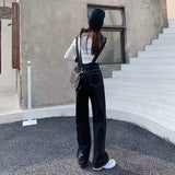 Kukombo Women's Denim Jumpsuits Korean Preppy Style Loose Multiple Pockets Fashion Summer Woman Denim Overalls Wide Leg Straps Overalls