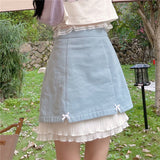 Kukombo Summer Elegant Skirt Women Sweet Japanese Style Soft Bow Cute Skirt Female High Waist Pleated Lace A- Line Holiday Skirt