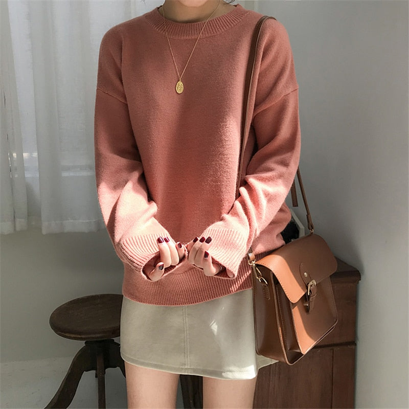Christmas Gift BGTEEVER Basic O-neck Knitted Jumpers for Women Sweater Casual Loose Long Sleeve Winter Sweater Female Pullovers Streetwear