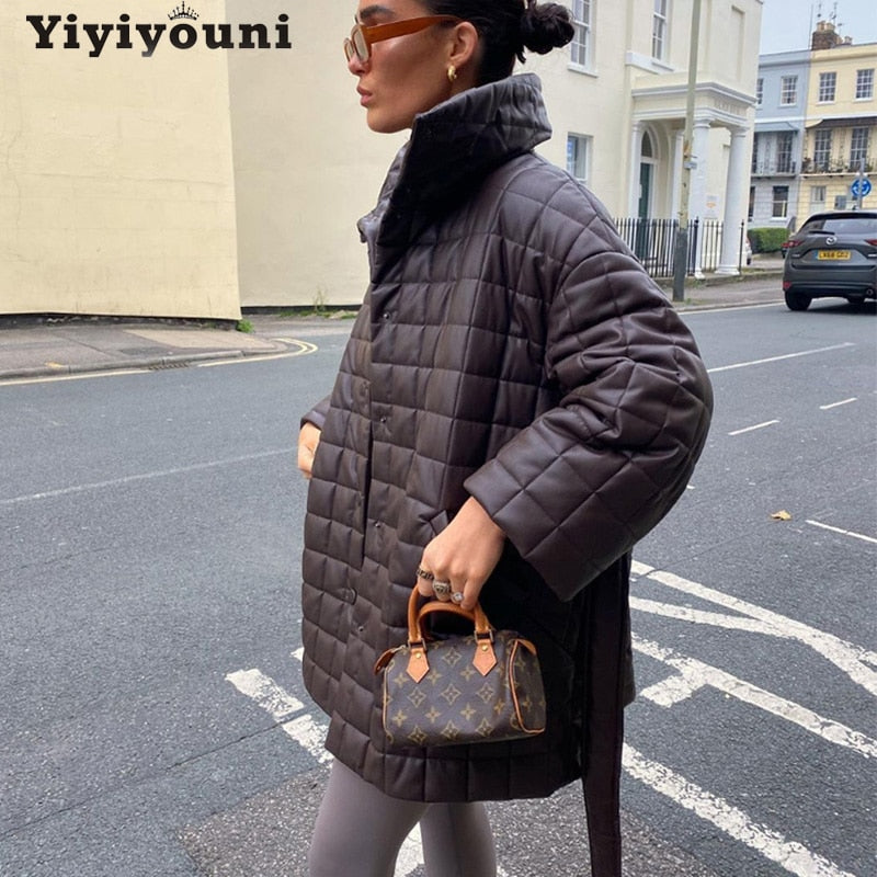 Christmas Gift Yiyiyouni Oversize Thick PU Leather Parkas Women 2021 Winter Button Cotton Padded Coat Female Long Sleeve Pockets Outerwear Lady