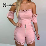 Kukombo Sexy Off Shoulder Hollow Out Lace Detail Two Pieces Set Short Sleeve Tops & Zipper Fly Shorts Casual 2 Piece Outfits