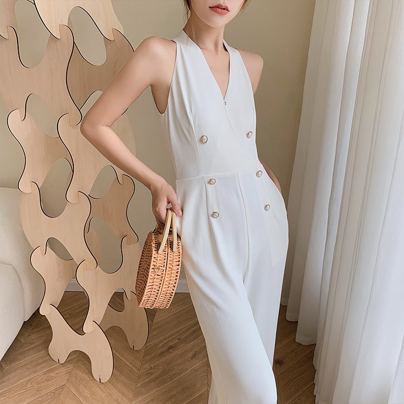Summer Elegant Woman White Jumpsuits Outfit Office Overalls Vintage Double-Breasted V-Neck Sleeveless Halter Rompers Playsuits
