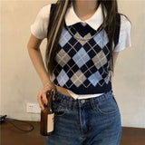 Christmas Gift Sweater Vests Women Argyle Crops Knitted Feminine Simple V-neck Streetwear Spring Student Preppy Style Chic Leisure Retro Soft