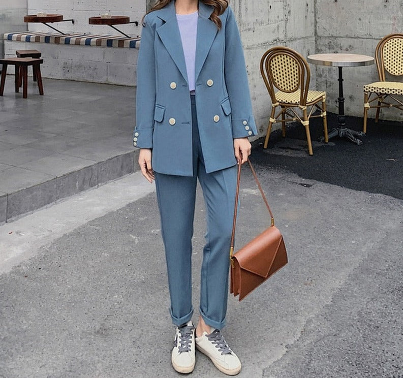 Kukombo Christmas Gift Fashion Women Blazer Suits Long Sleeve Double- breasted Blazer Pants Suit Office Ladies Two-piece Blazer Sets