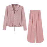 Kukombo  Women Solid Silk Two Piece Set Elegant Notched Drawstring Shirt Top And Split Wide Leg Pants Suits Casual Loose Ladies Clothing