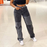 Kukombo Grey Patchwork Straight Mom Jeans Woman High Waist Pockets Boyfriend Classic Streetwear Black Pants Loose Denim