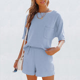 Kukombo  Summer Casual Cotton Linen Pocket Sets Short Sleeve T Shirt And Elastic Shorts Two Piece Set Women Beach Solid Outfits Tracksuit