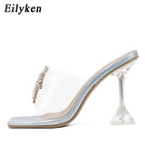 Christmas Gift Eilyken PVC Transparent Crystal Sun Flowers Buckle Womens Slippers Summer Square Toe Ladies Strange High Heels Sandals Shoes