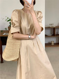 Kukombo New 2022 Women Summer Dresses Lace Up Vintage Puff Sleeve High Waist Elegant Korean Style Pure Lady Long Dress DR1338
