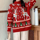 Christmas Gift Christmas Mid-length Plus Oversized New Version Handmade Sweater 700g Women Christmas Deer Warm Knitted Long Sleeve Sweater Lazy