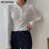 Christmas Gift BGTEEVER Elegant Turn-down Collar Single-breasted Women Sweaters Autumn Full Sleeve Slim Short Female Knitting Tops 2021