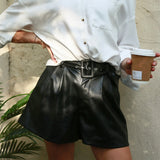 Christmas Gift Msfancy Black Leather Shorts Women High Waist Wide Pantalones Cortos de Mujer 2021 Sexy Booty Shorts With Belt MP001