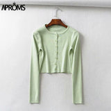 Christmas Gift Aproms Candy Color Ribbed Knitted Cardigan Women Autumn Winter Long Sleeve Basic Cropped Sweaters Female Casual Short Jumper Top