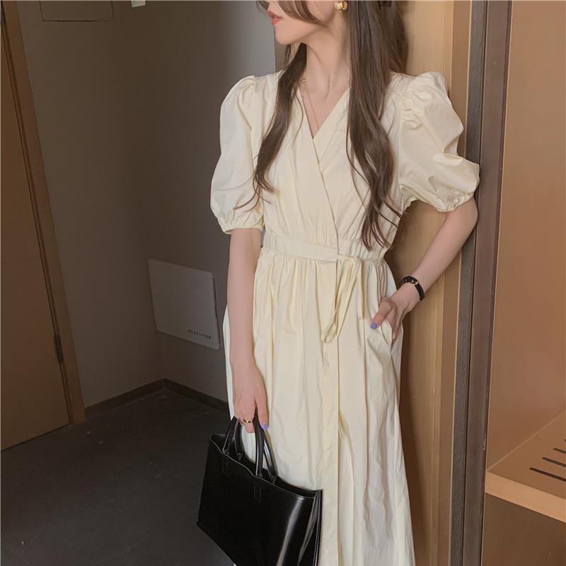 Christmas Gift Yellow Dress Women Summer Puff-sleeve Mid Calf Harajuku Sweet Students BF All-match Thin Casual Sundress Chic Breathable Design