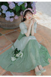Kukombo Mori Girl Green Gentle Fairy Summer Chiffon Dresses Puff Sleeve Square Neck Elegant French Retro Floral Dress Vestidos De Fiesta