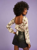 Kukombo Spring Summer Print Blouse Square Collar Short Chiffon Top Women's Fashion Long Sleeves Casual Shirt