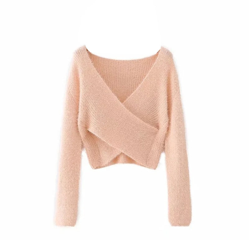 Christmas Gift Aproms Pink Fluffy Knitted Sweater Women Autumn Winter V-neck Wrap Front Basic Cropped Pullovers Fashion Outerwear Jumper 2021