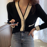 Kukombo Autumn All-Match V-Neck Sweater Jackets Women Korean Style Jumpers Knitted Cardigan Long Sleeve Short Knit Coat 2023