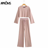 Christmas Gift Aproms White Black Knitted Women's 2 Piece Suits Casual Flare Sleeve Cropped Top and Pants Set Female High Waist Homesuits 2021