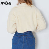 Christmas Gift Aproms Elegant Solid Color Cropped Teddy Jacket Women Front Pockets Thick Warm Coat Autumn Winter Soft Short Jackets Female 2021