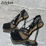 Christmas Gift Eilyken 2022 New Sexy Yellow Mesh Pumps Sandals Female Square Toe high heel Lace Up Cross-tied Stiletto hollow Dress shoes