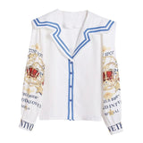 Kukombo 2022 Autumn New Short Sets Women Navy Collar Printed Long Sleeved Shirt + Lace Stitching Shorts Two-Piece Suit Female