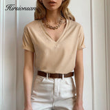 Christmas Gift Hirsionsan 100% Cotton Summer T Shirt Women Soft Short Sleeve  V Neck Female Tees Basic Kintwear Tops Harajuku Tshirt for Ladies
